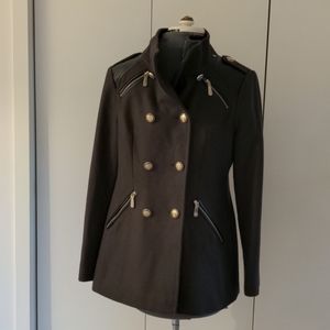 Vince Camuto Wool Coat Size Med Petite Epaulet Double Breasted Military Green
